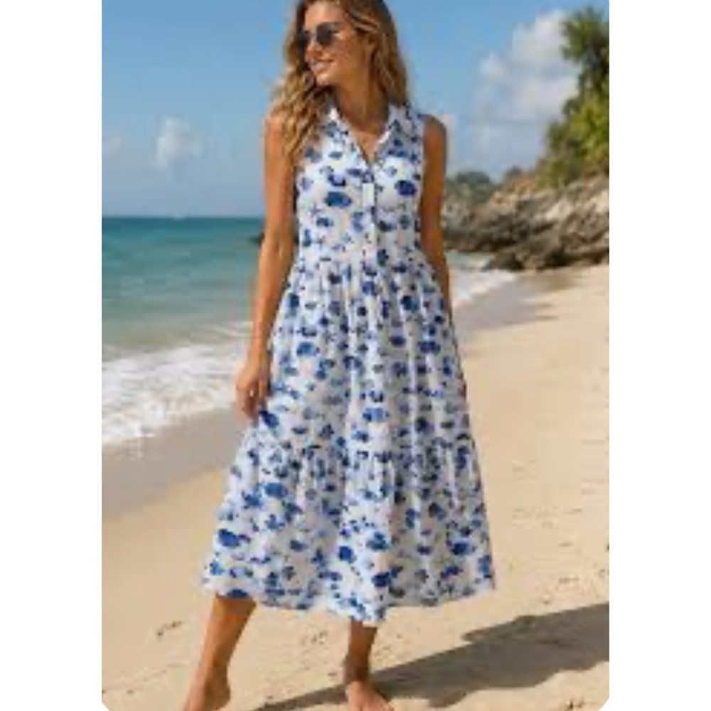 Rachel Zoe Blue White Fish Starfish Print Tiered Sleeveless Midi Dress XS